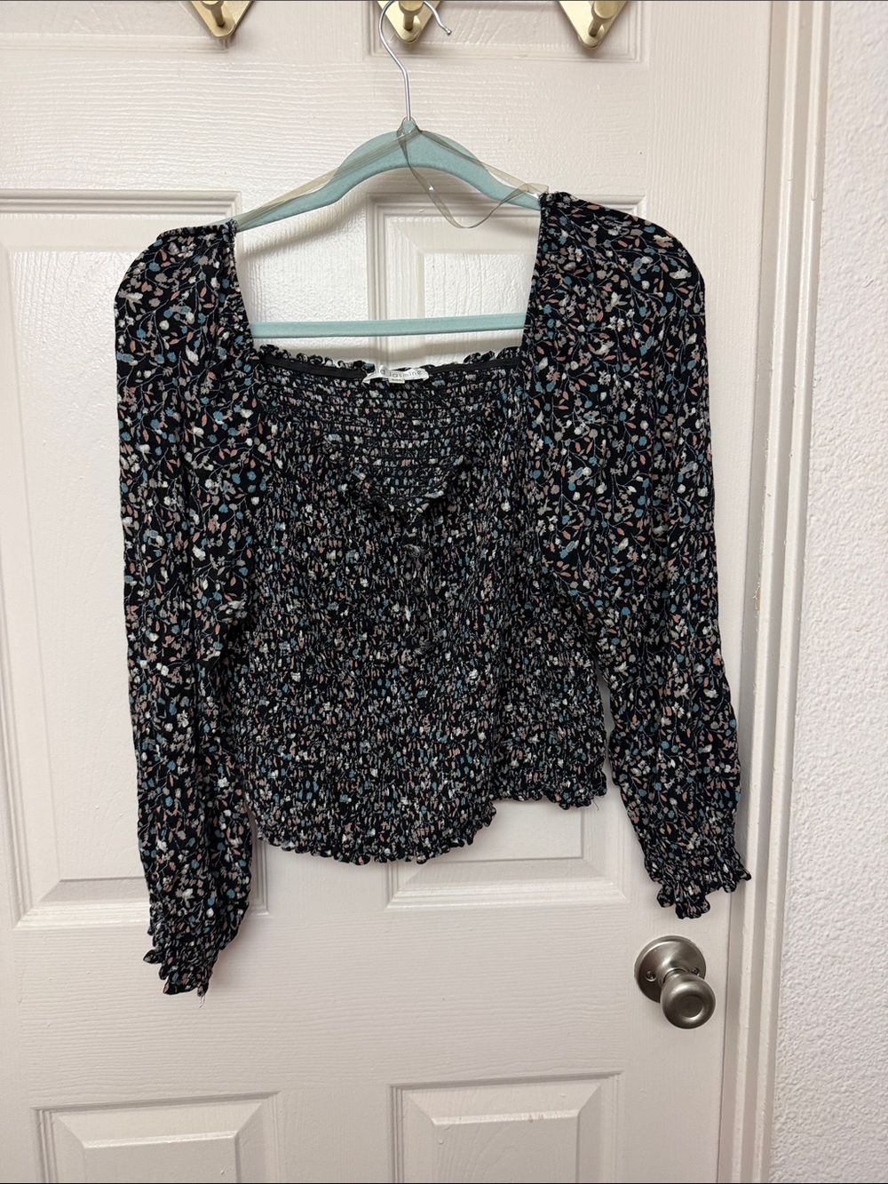 Black Smocked Floral Long-Sleeve Top